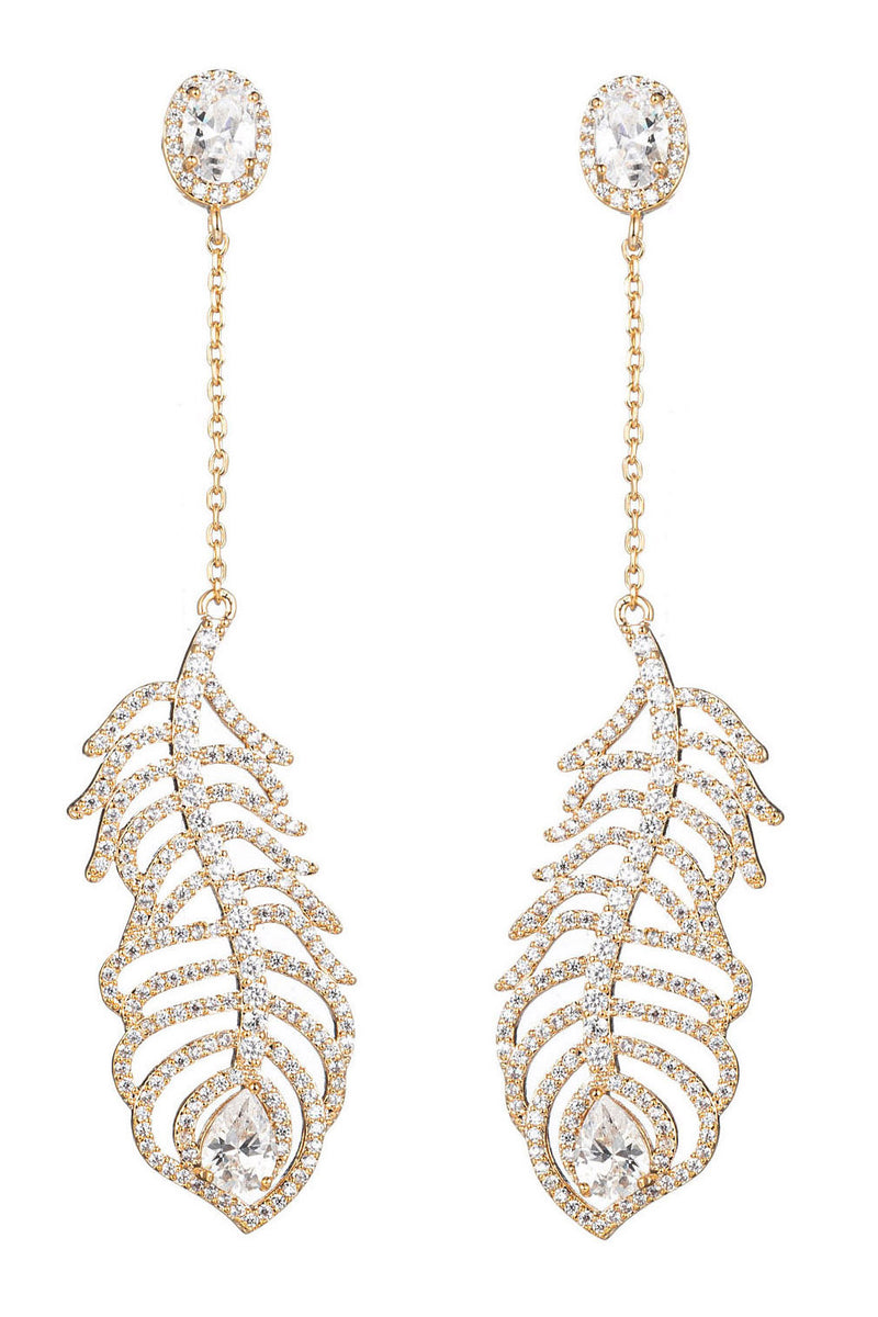 Golden peacock feather drop earrings studded with CZ crystals.