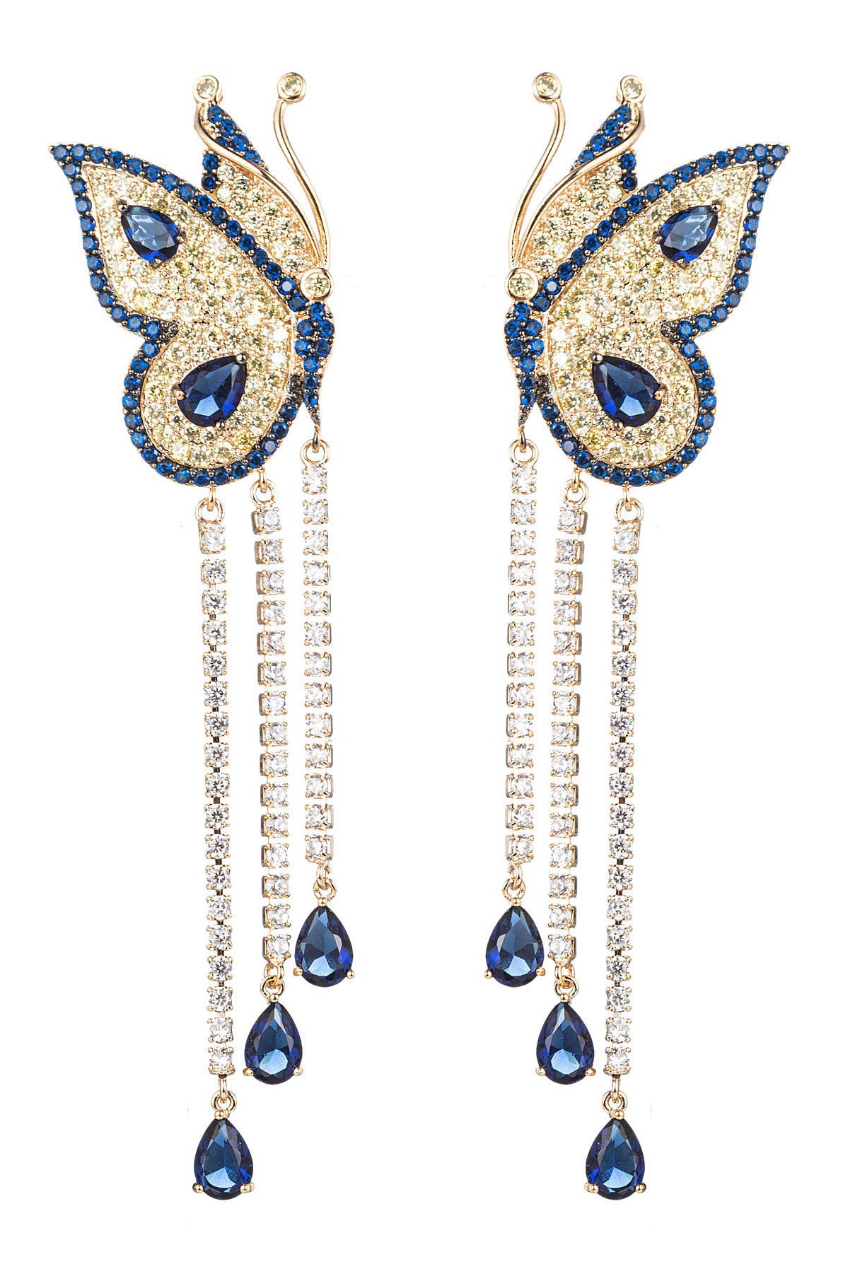 Gold brass blue butterfly earrings studded with CZ crystals.