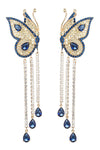 Gold brass blue butterfly earrings studded with CZ crystals.