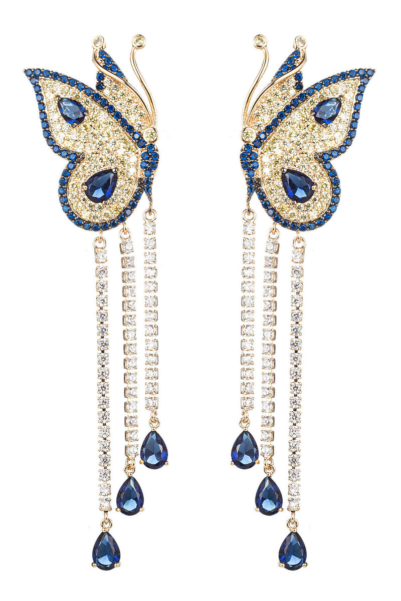 Gold brass blue butterfly earrings studded with CZ crystals.