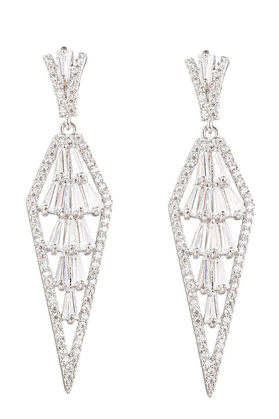 Silver brass drop earrings studded with CZ crystals.