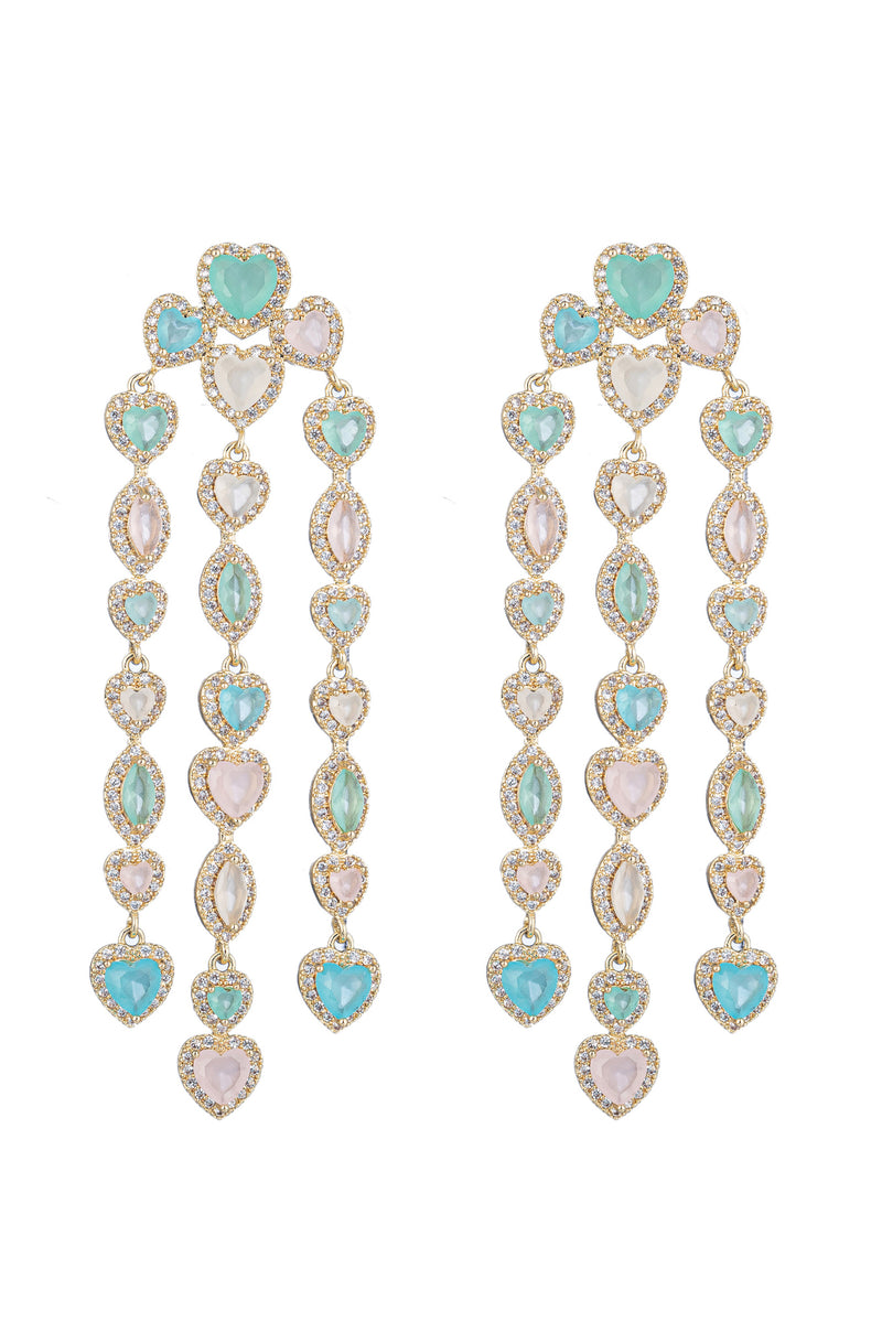 Gold brass pastel rainbow hearts dangle earrings studded with CZ crystals.
