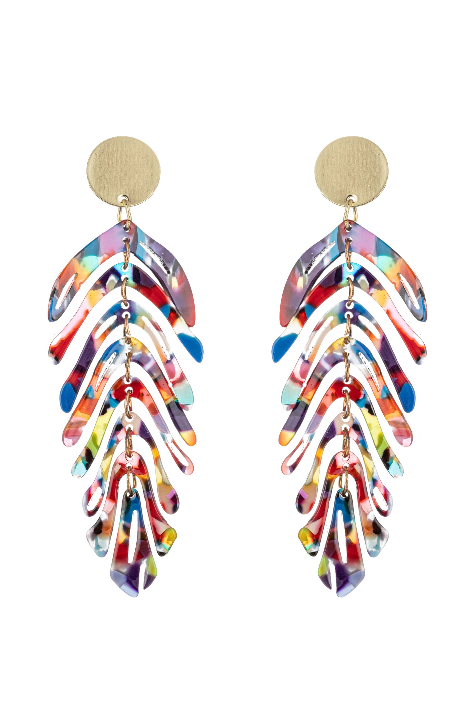 Multicolored acrylic leaf pendant earrings.