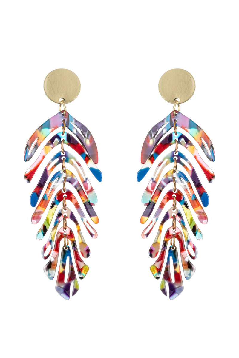 Multicolored acrylic leaf pendant earrings.