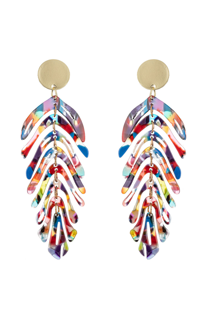 Multicolored acrylic leaf pendant earrings.