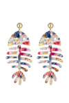 Pink acrylic fish pendant earrings made of gold tone alloy.