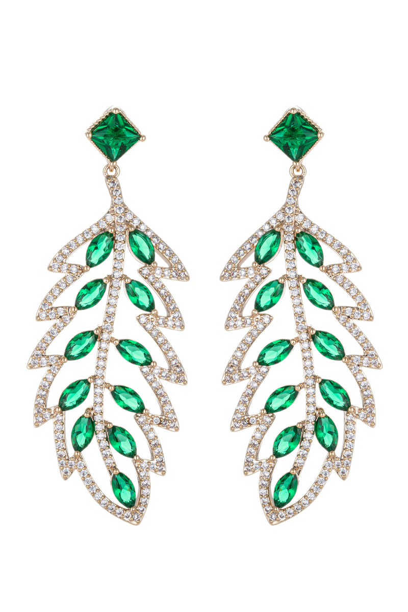 Gold alloy leaf pendant earrings studded with green CZ crystals.
