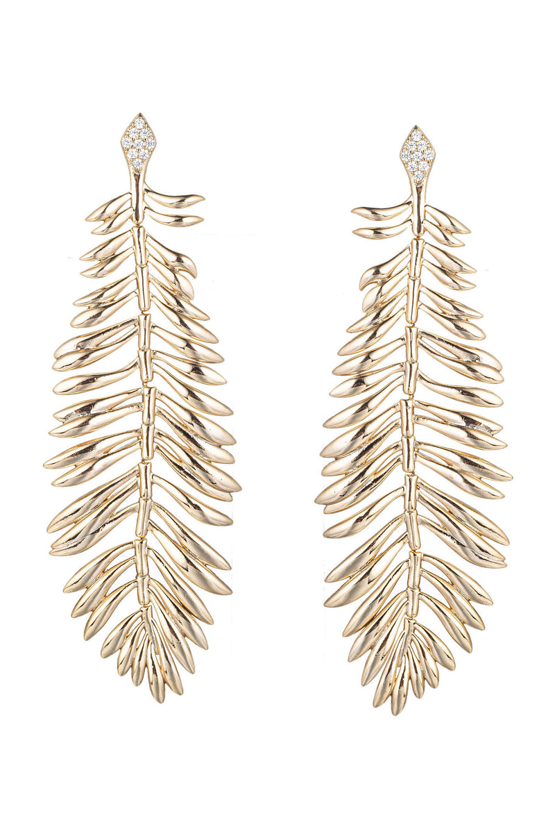 Gold tone brass feather pendant earrings studded with CZ crystals.