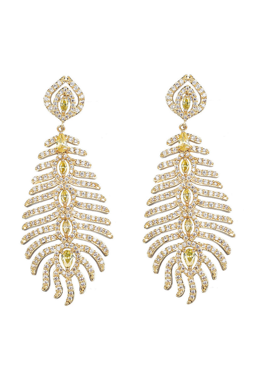 Golden peacock feather drop earrings studded with CZ crystals.