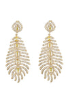 Golden peacock feather drop earrings studded with CZ crystals.