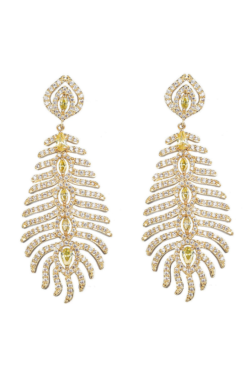 Golden peacock feather drop earrings studded with CZ crystals.