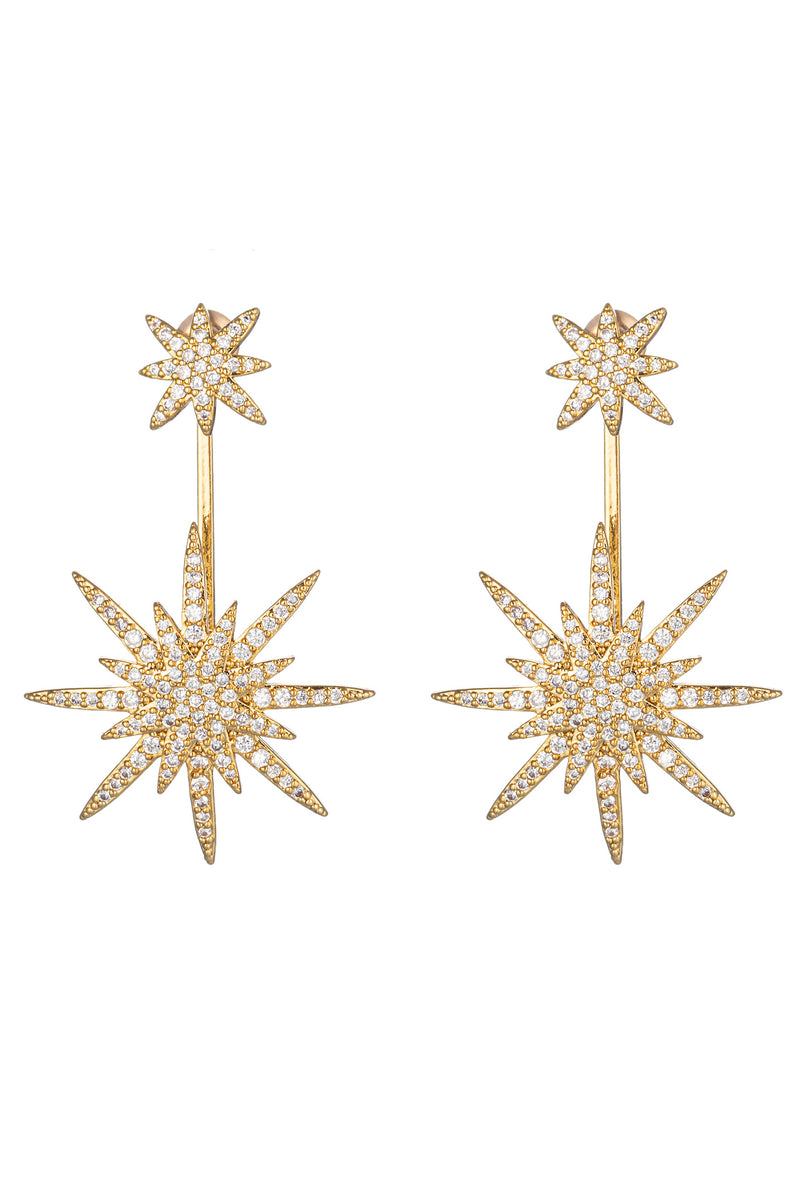 Gold tone brass Golden North Star earrings studded with CZ crystals.