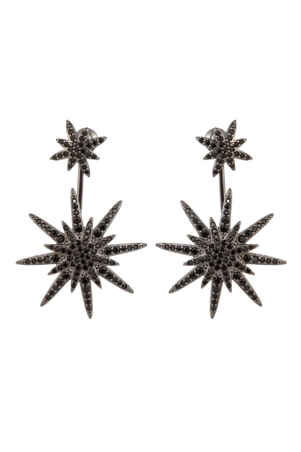Black North Star drop earrings studded with CZ crystals.