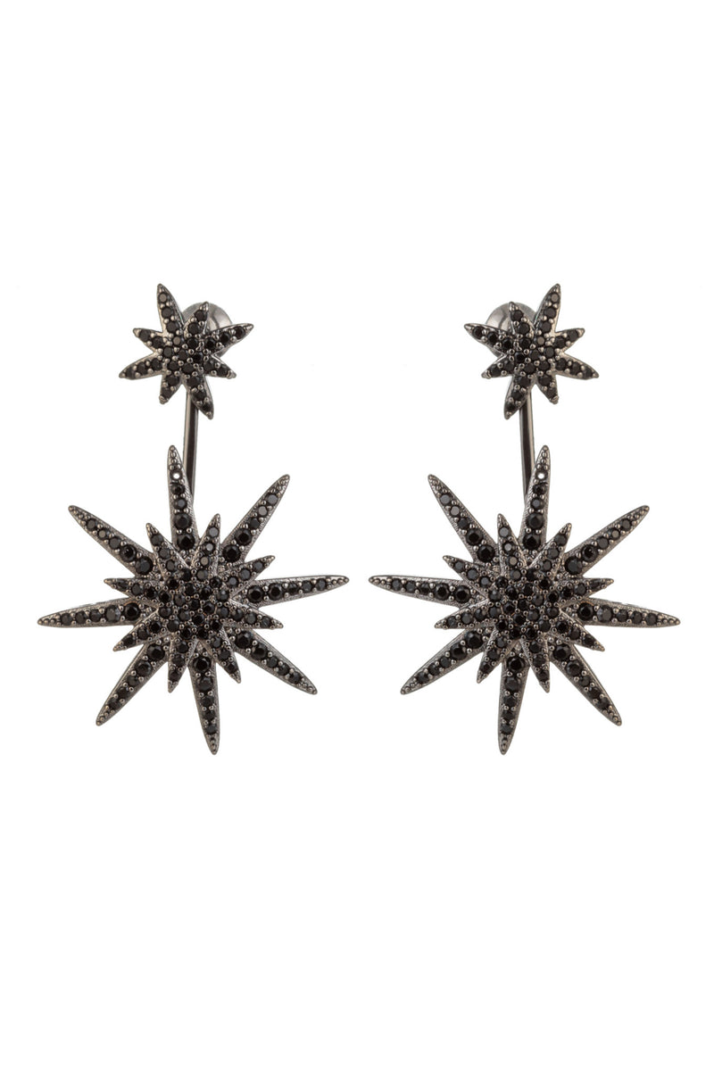 Black North Star drop earrings studded with CZ crystals.