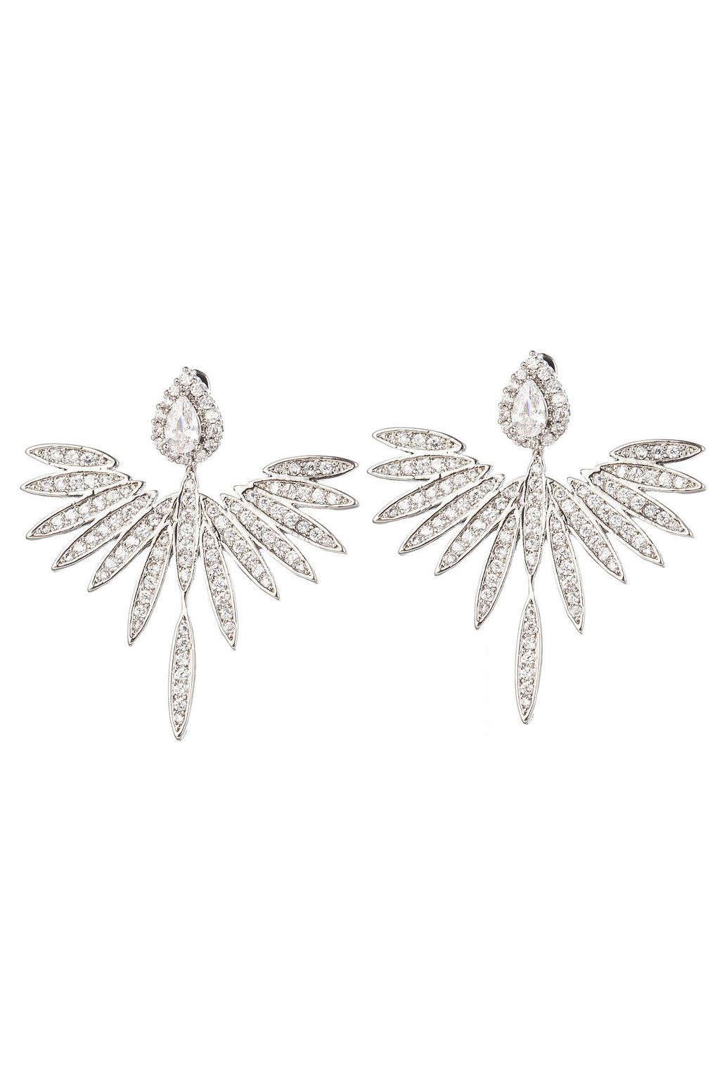 Silver brass mini angel wing earrings studded with CZ crystals.