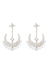 Silver brass half moon earrings studded with CZ crystals.