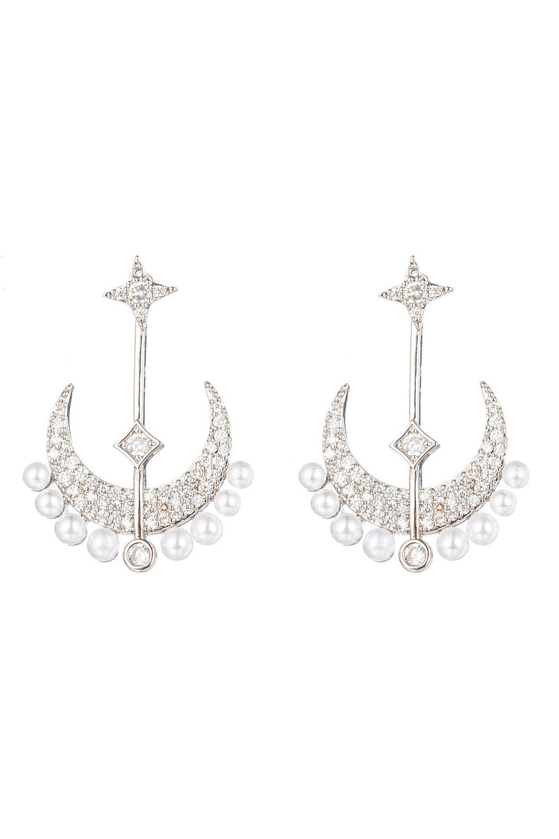 Silver brass half moon earrings studded with CZ crystals.