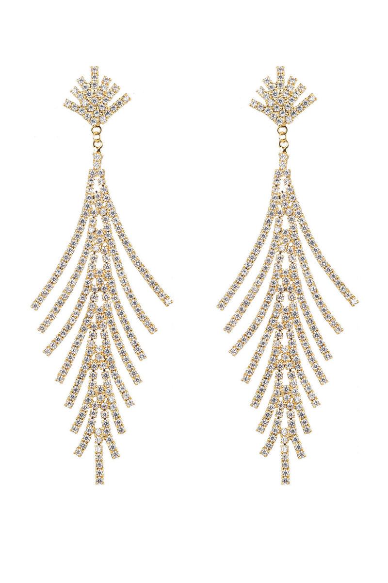 Gold brass fringe earrings studded with CZ crystals.