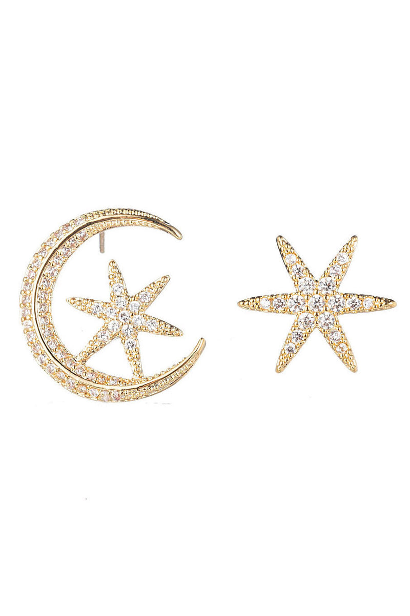Gold brass double star moon earrings studded with CZ crystals.