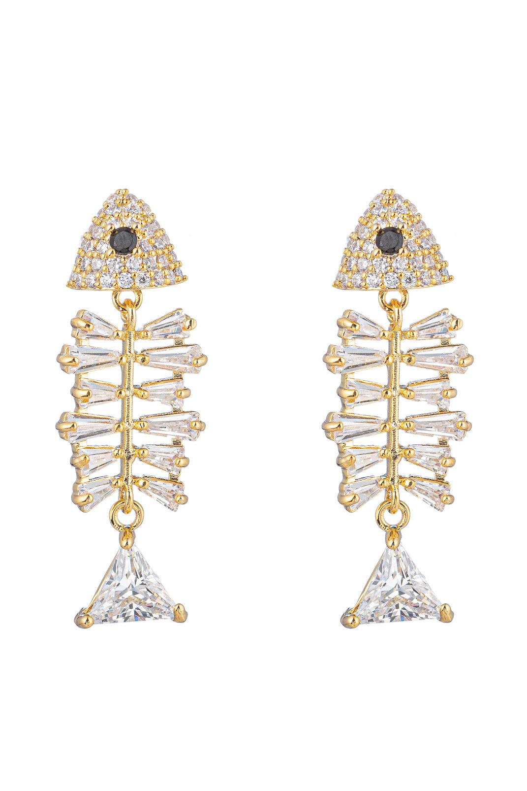 Gold brass fish pendant earrings studded with CZ crystals.
