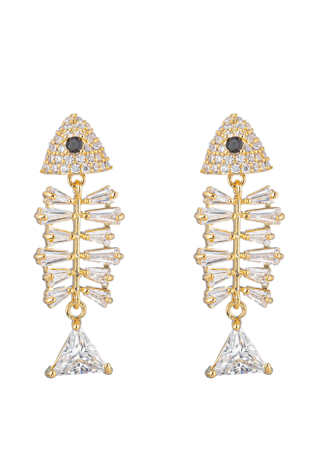 Gold brass fish pendant earrings studded with CZ crystals.