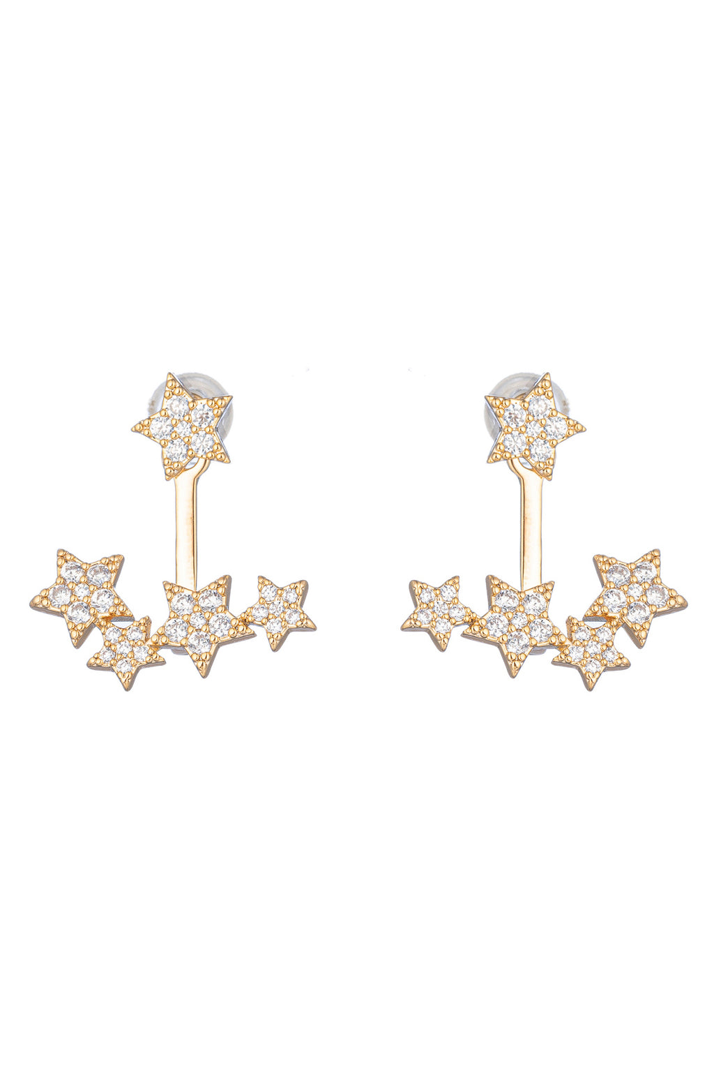 Gold brass star pendant earrings studded with CZ crystals.
