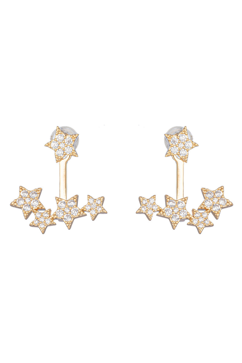 Gold brass star pendant earrings studded with CZ crystals.