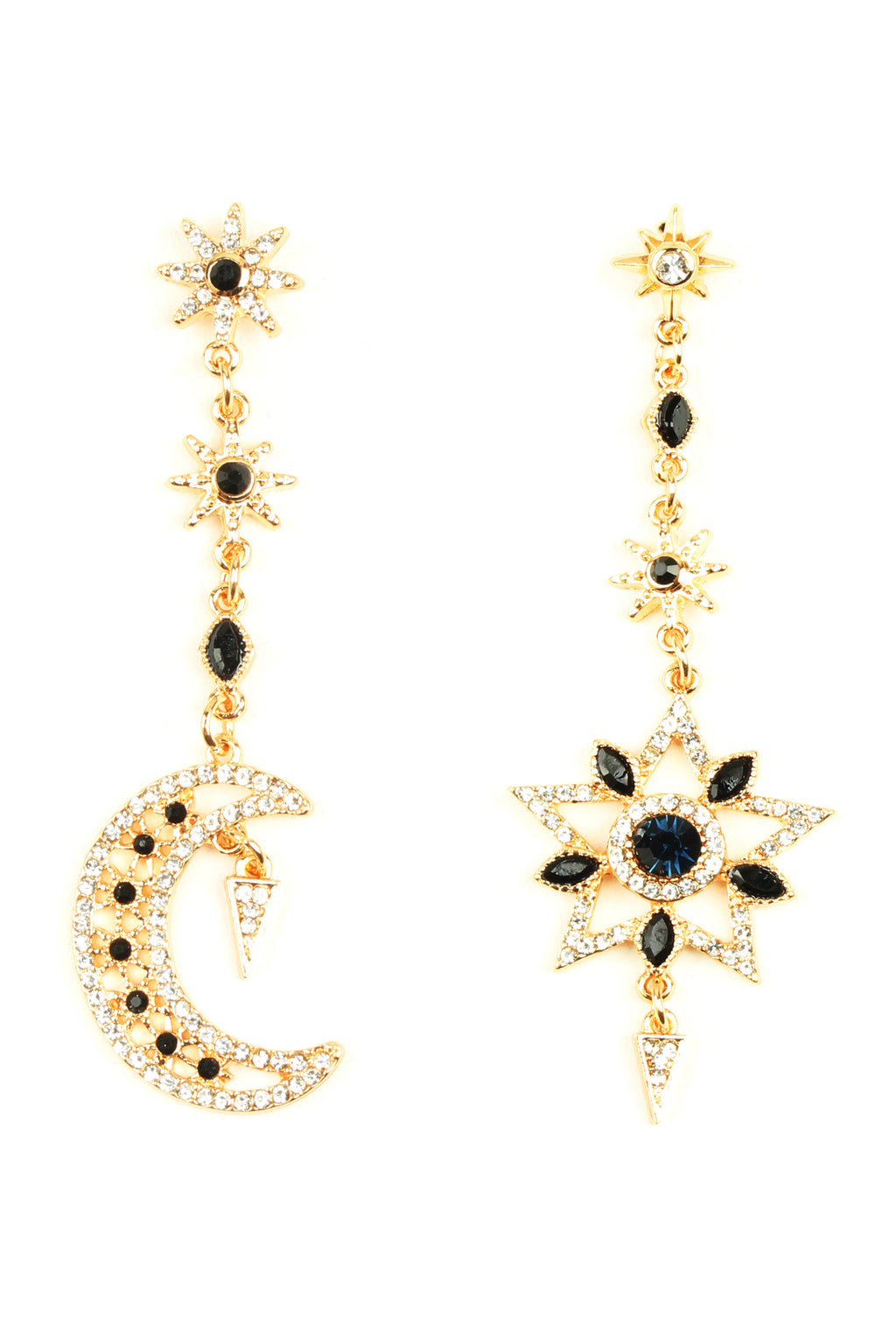 Gold alloy star and moon earrings studded with glass crystals.