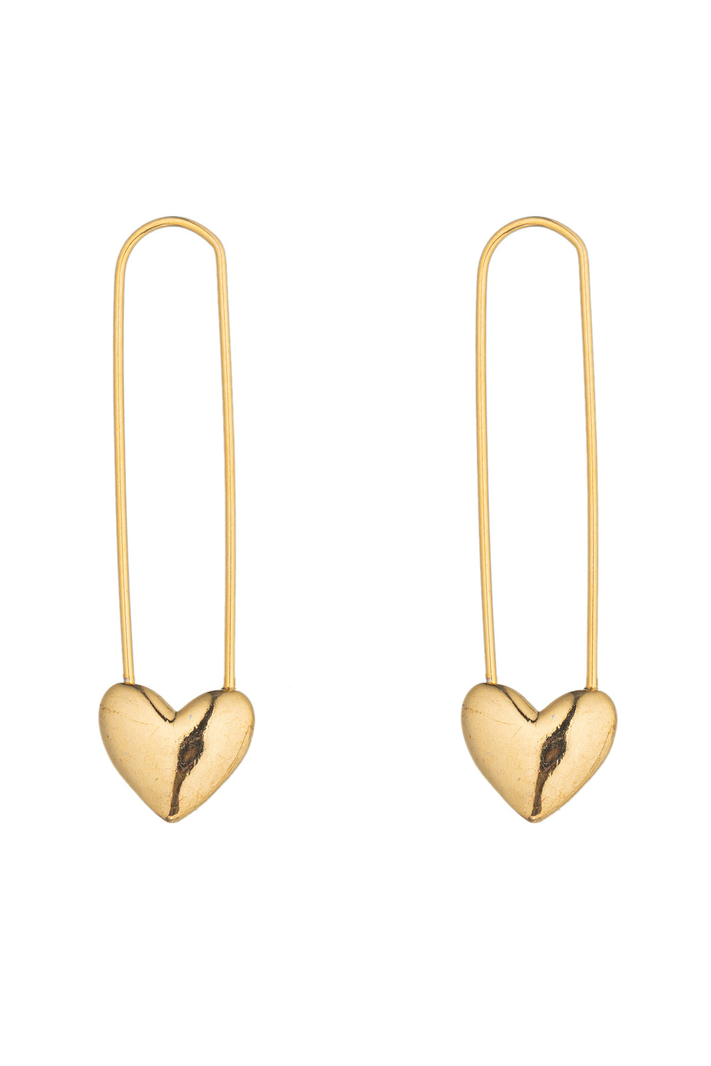 Gold tone brass double heart pendant earrings.
