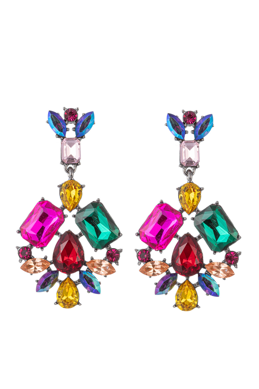 Silver alloy drop earrings studded with multicolor glass crystals.