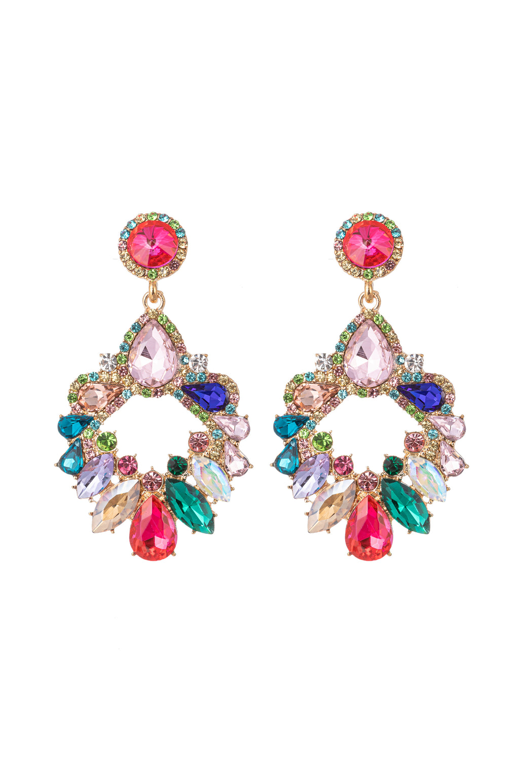 Gold alloy rainbow glass crystal drop earrings.