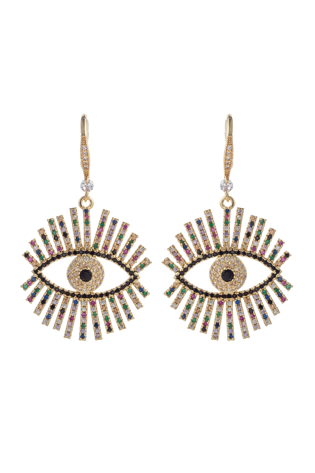 18k gold plated evil eye earrings studded with CZ crystals.