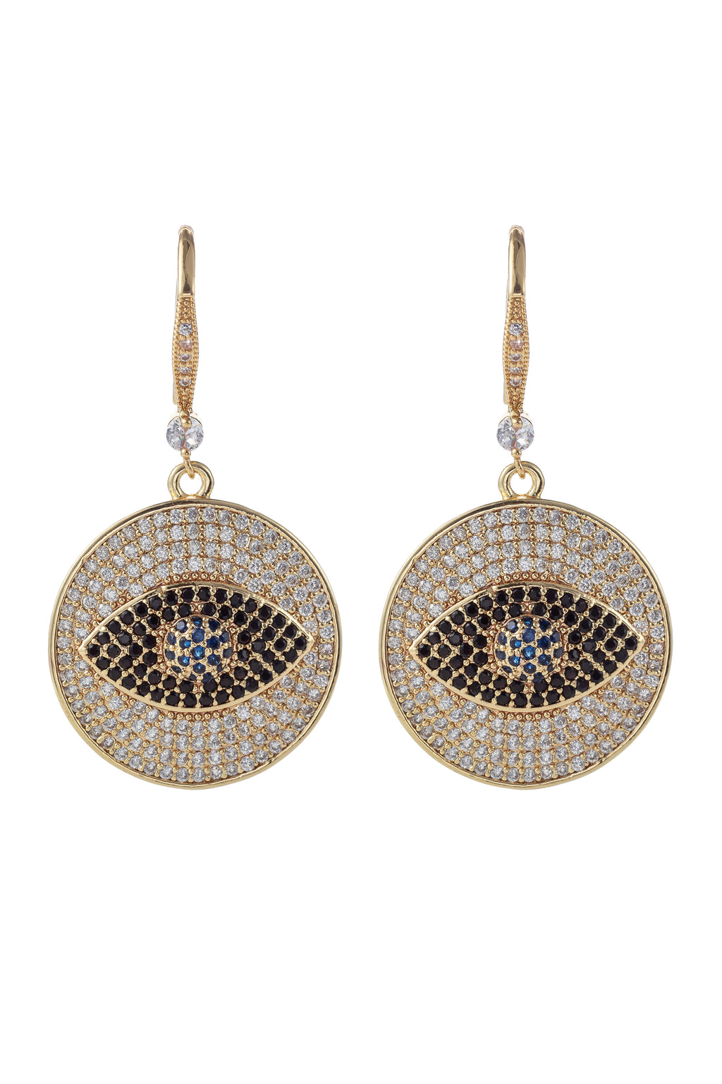18k gold plated evil eye earrings studded with CZ crystals.