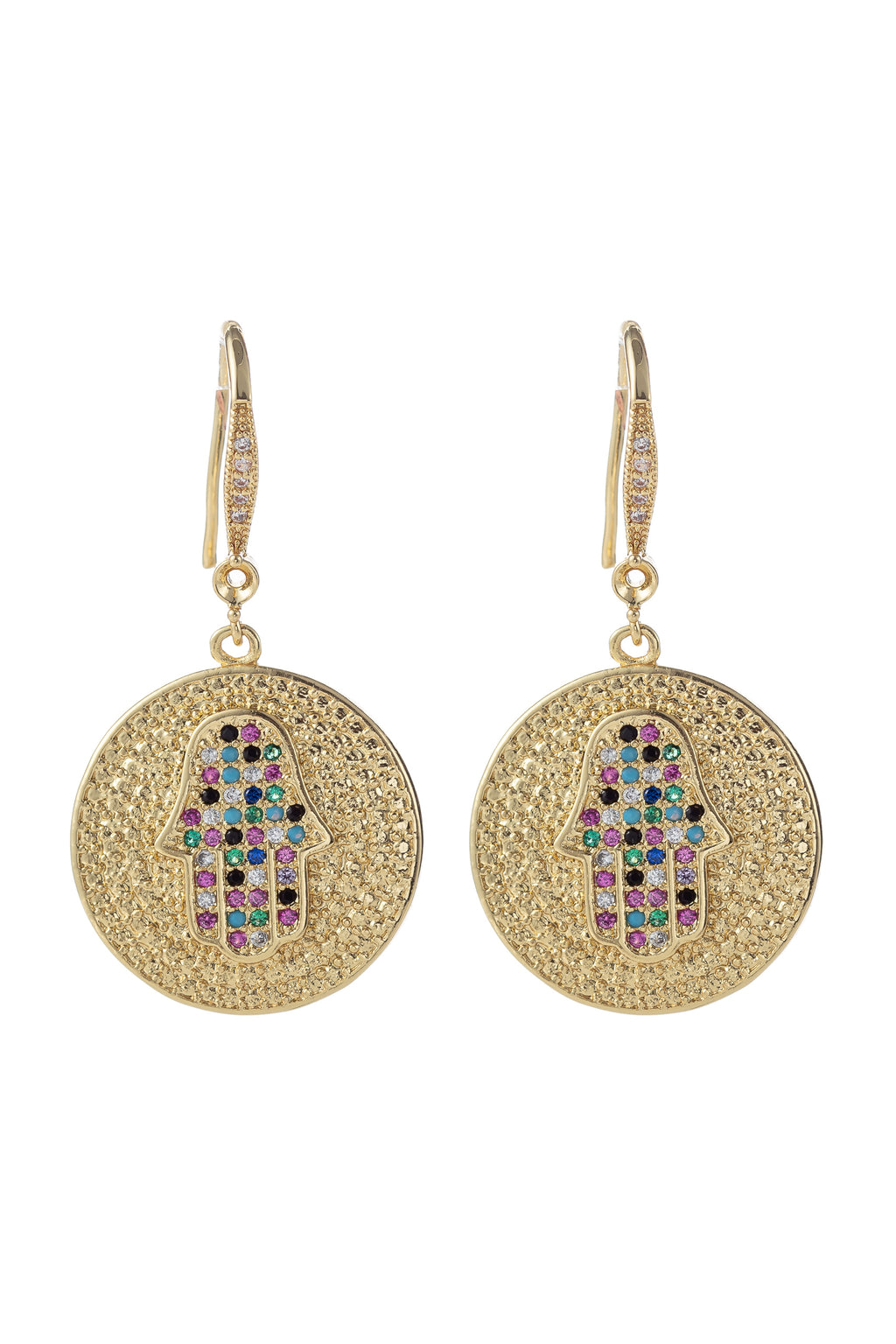 18k gold plated hamsa earrings studded with CZ crystals.
