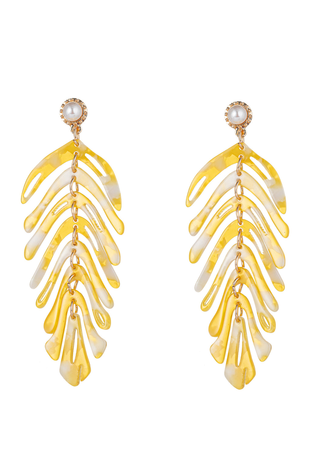 Gold acrylic leaf drop earrings.