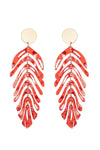 Alloy drop earrings with red acrylic leaf pendants.