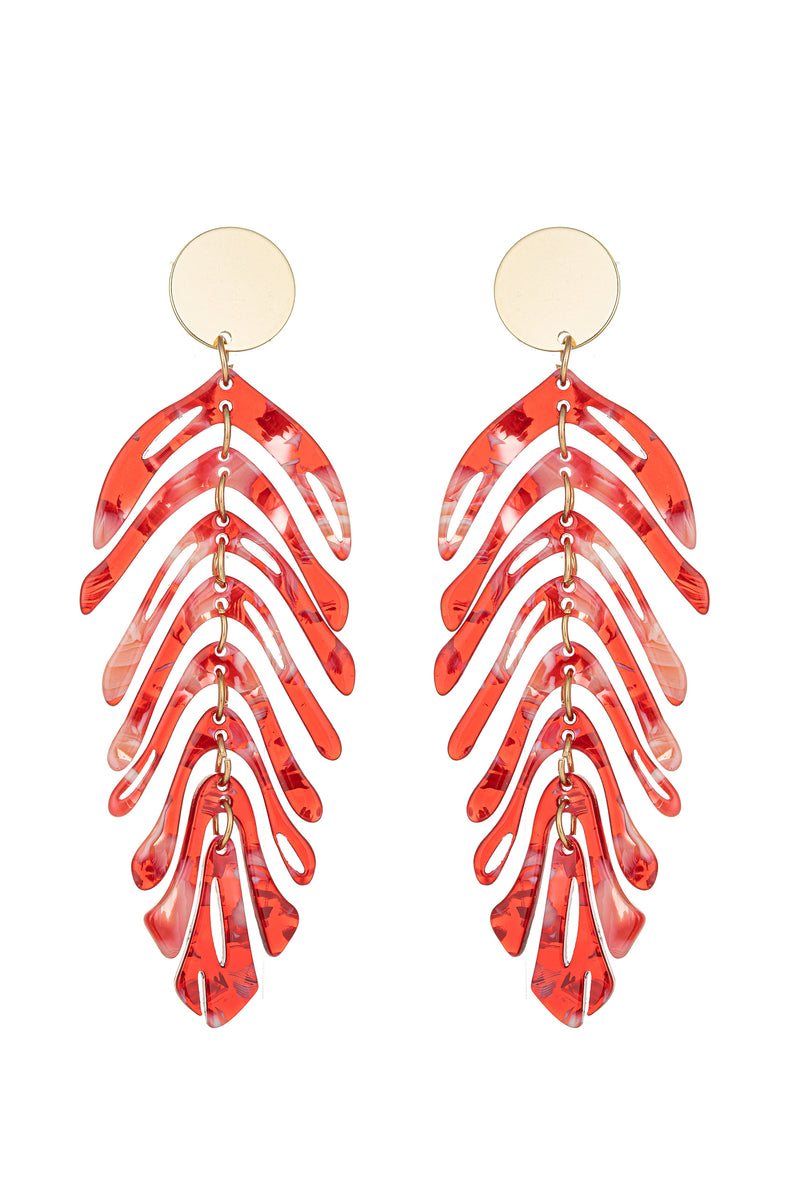 Alloy drop earrings with red acrylic leaf pendants.