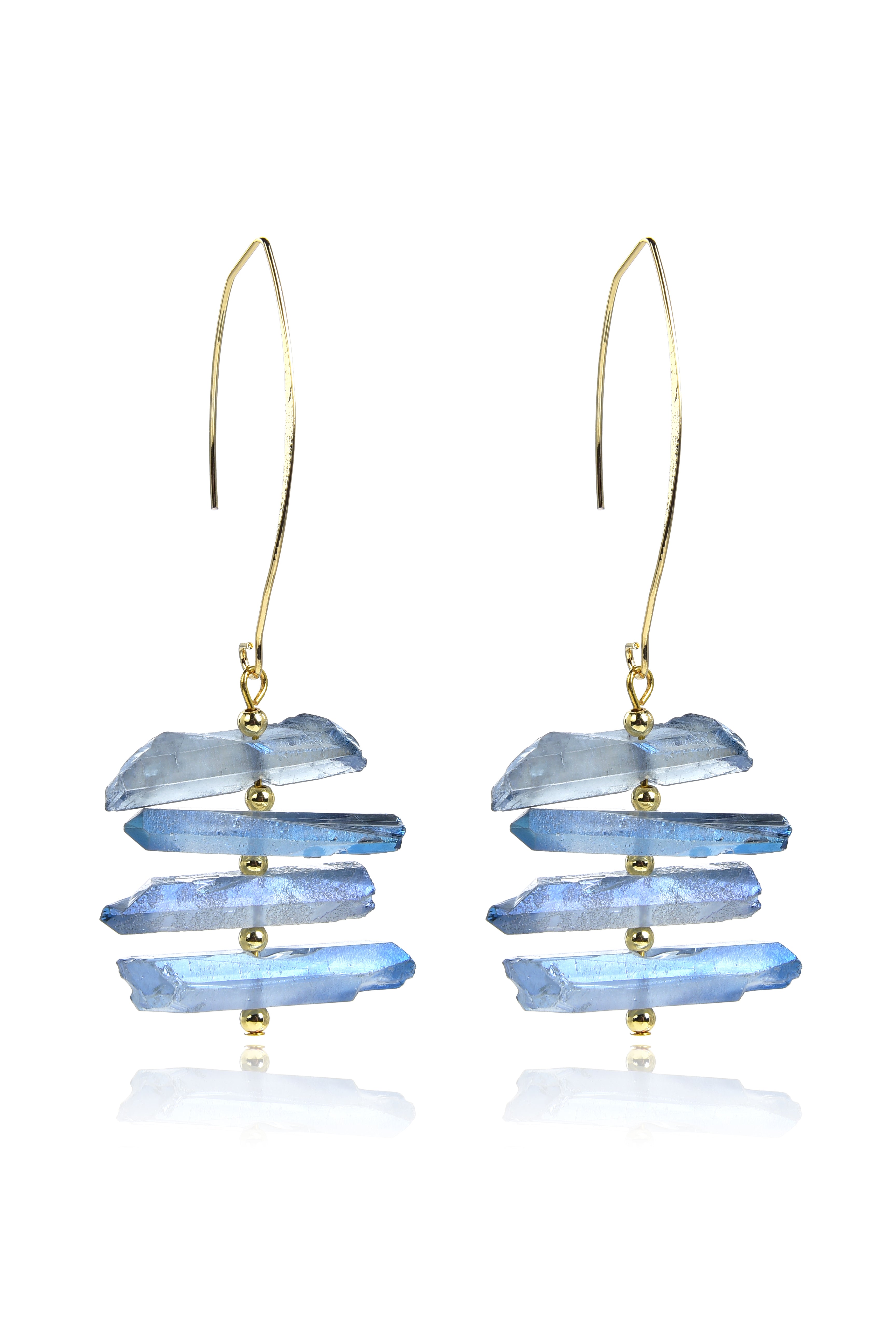 Gold plated drop earrings with natural quartz crystals.
