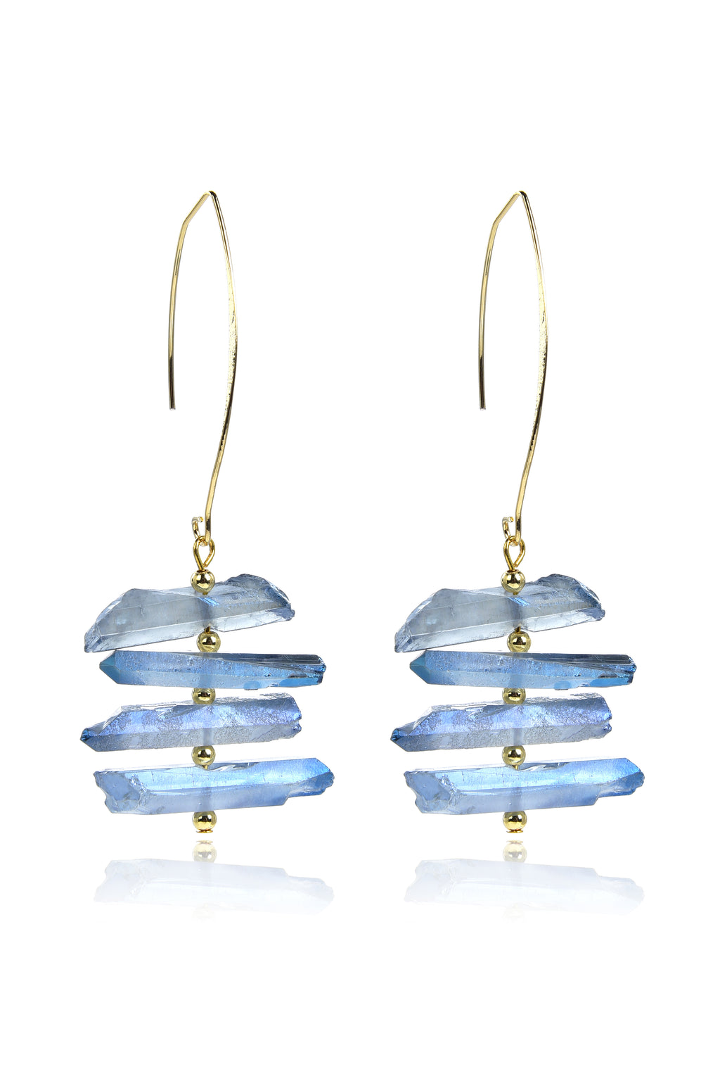 Gold plated drop earrings with natural quartz crystals.