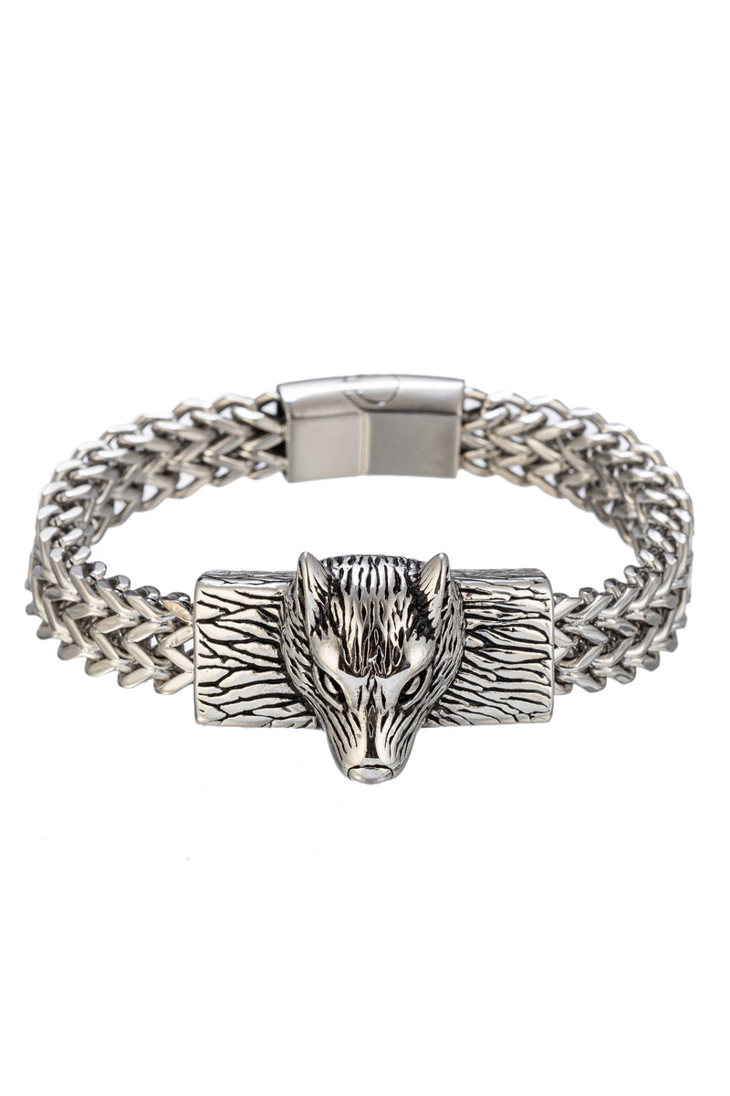 Silver tone titanium wolf head chain bracelet.