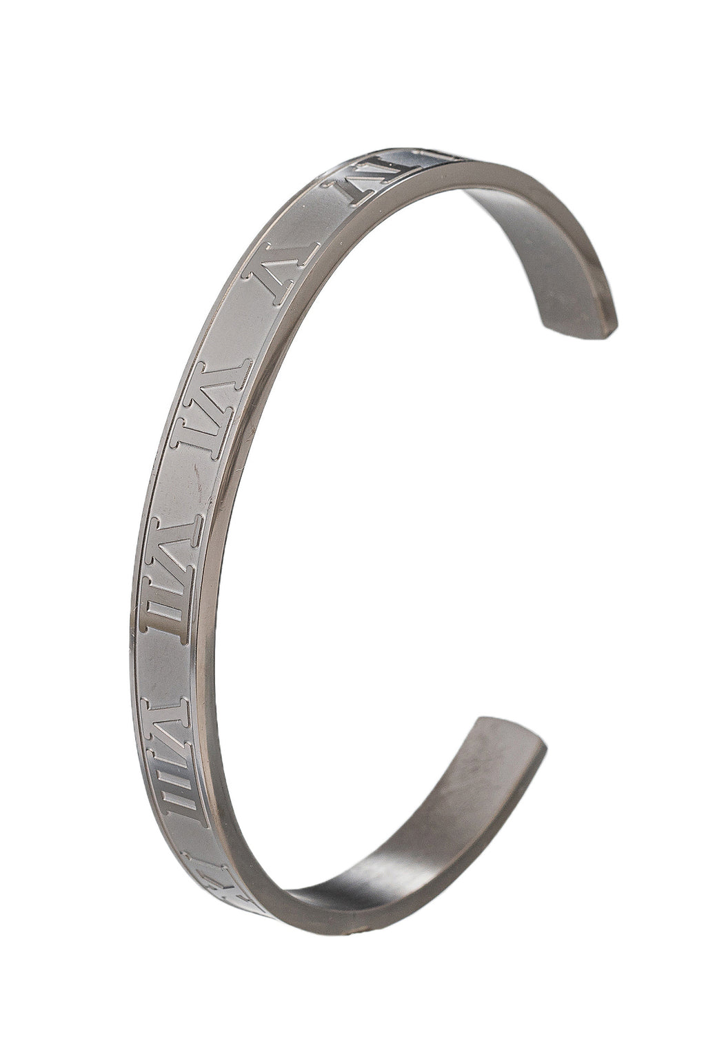 Black tone titanium Roman numeral cuff bracelet.