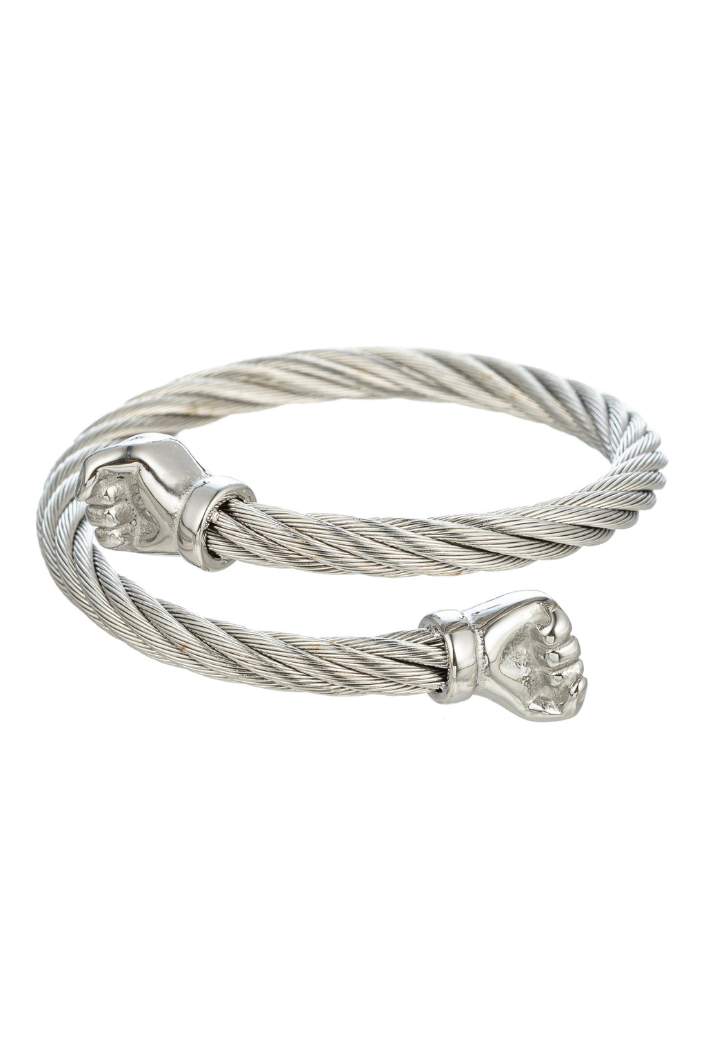 Silver tone titanium fist pendant cuff bracelet.