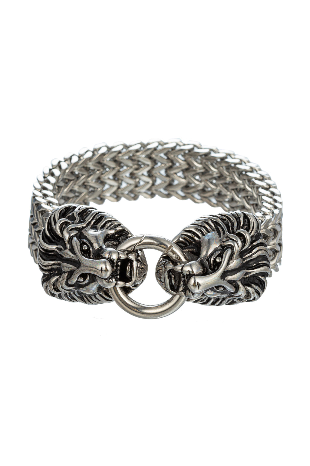 Silver tone titanium double lion head chain bracelet.