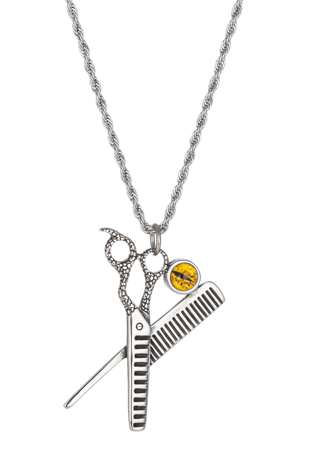 Silver scissor and comb pendant necklace.