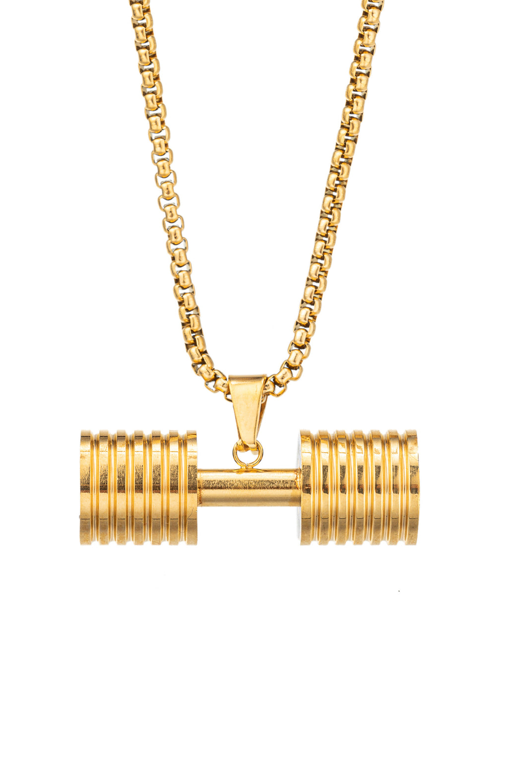 Gold tone titanium dumbbell pendant necklace. 