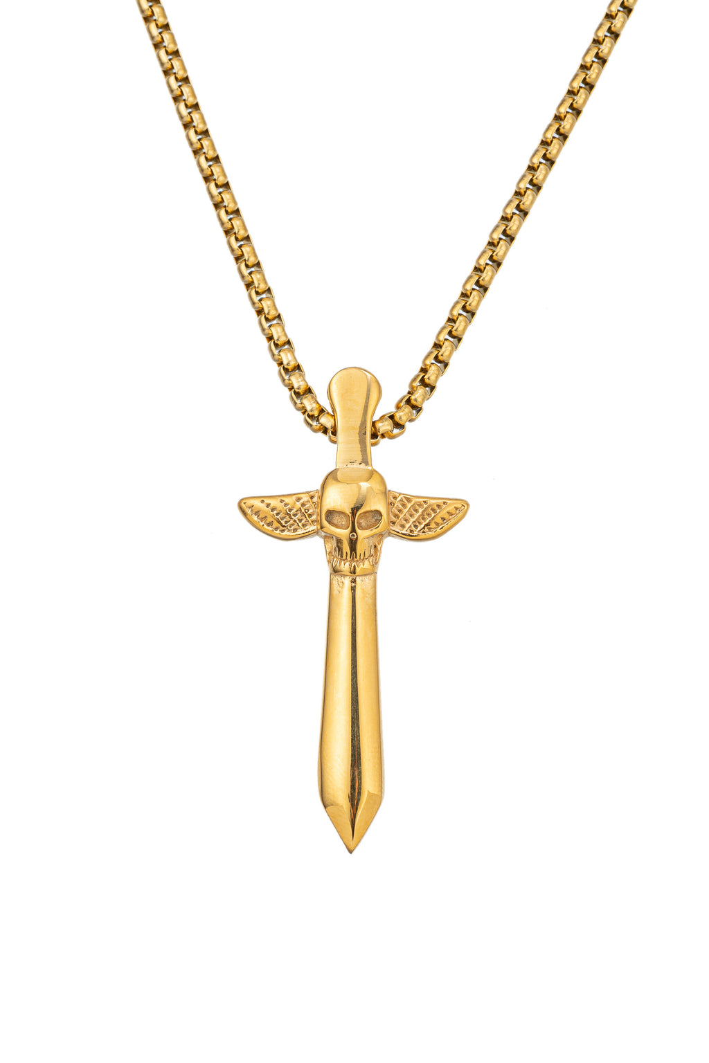 Gold tone titanium skull cross sword pendant necklace.