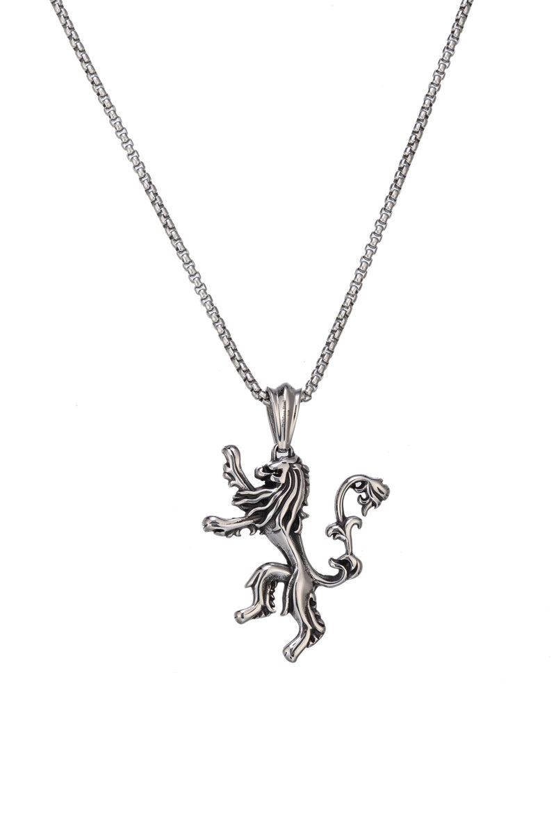 Silver tone titanium crawling lion head pendant necklace.