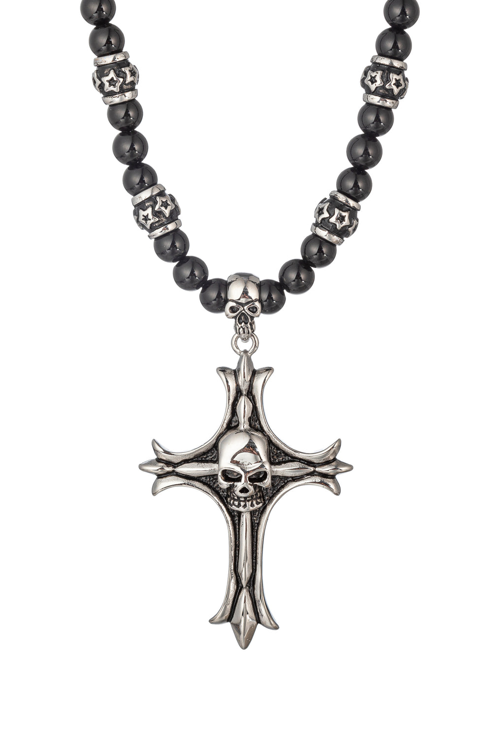 Silver tone titanium skull cross pendant on a beaded necklace.