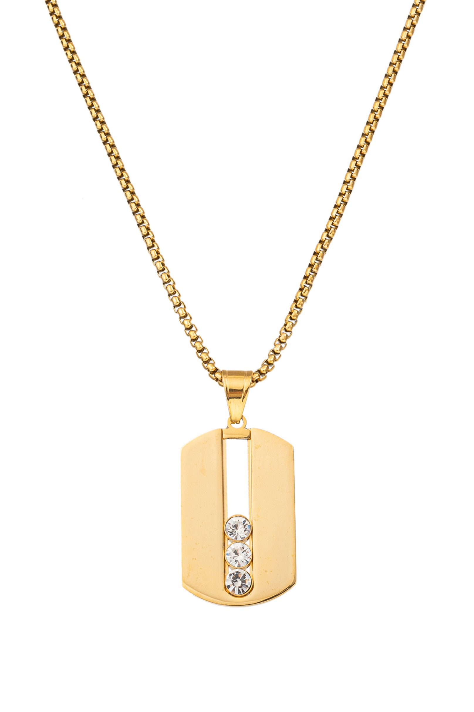 Gold tone titanium dog tag pendant necklace studded with CZ crystals.
