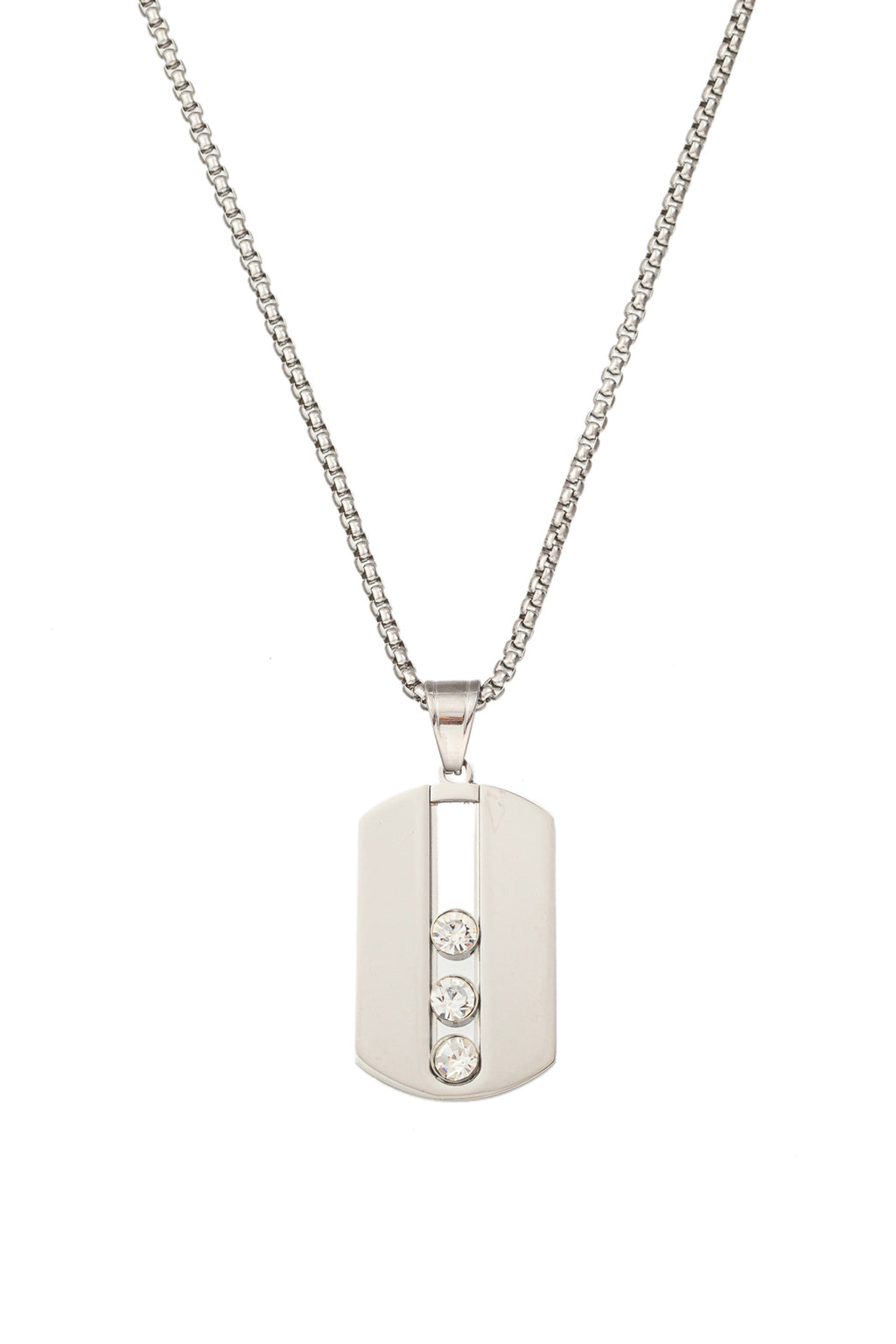 Silver tone titanium dog tag necklace studded with CZ crystals.